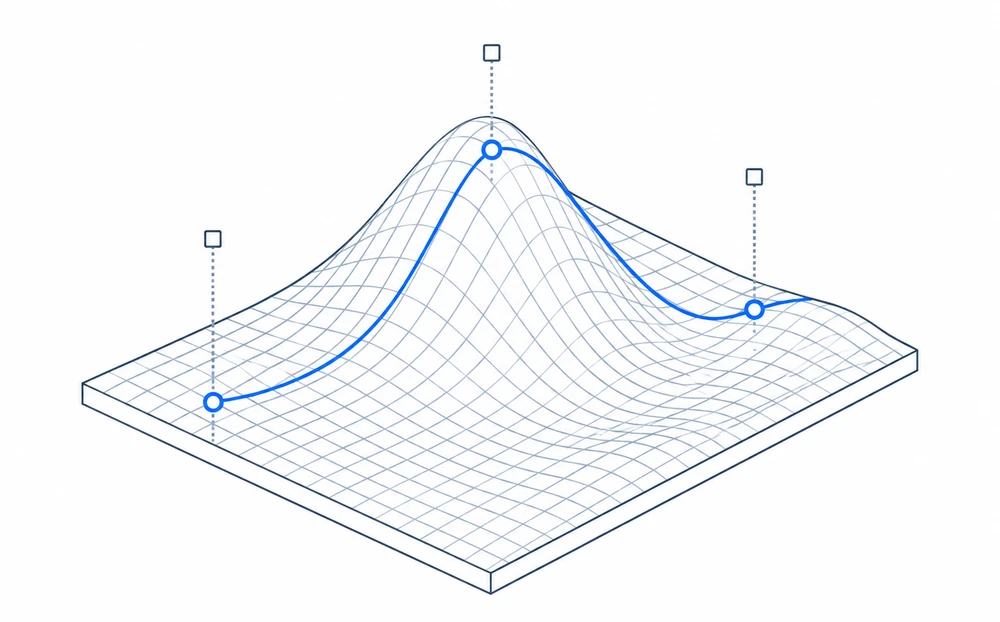 Illustrative model evaluation: inputs are loaded, a model output is computed and a result is returned. Shown as a blue path across a mathematical wireframe surface.